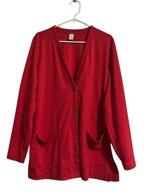 Lands’ End Women’s 100% Cotton V-Neck Button Front Red Cardigan Shirt Sz-MP